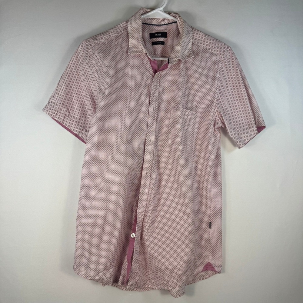 Hugo‎ Boss Slim Fit Mens Short Sleeve Button Down Shirt Pink Geometric Print M